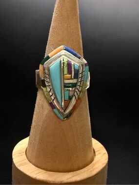 Multi-Color Inlay Shield Sterling Ring - Women’s Fashion Jewelry